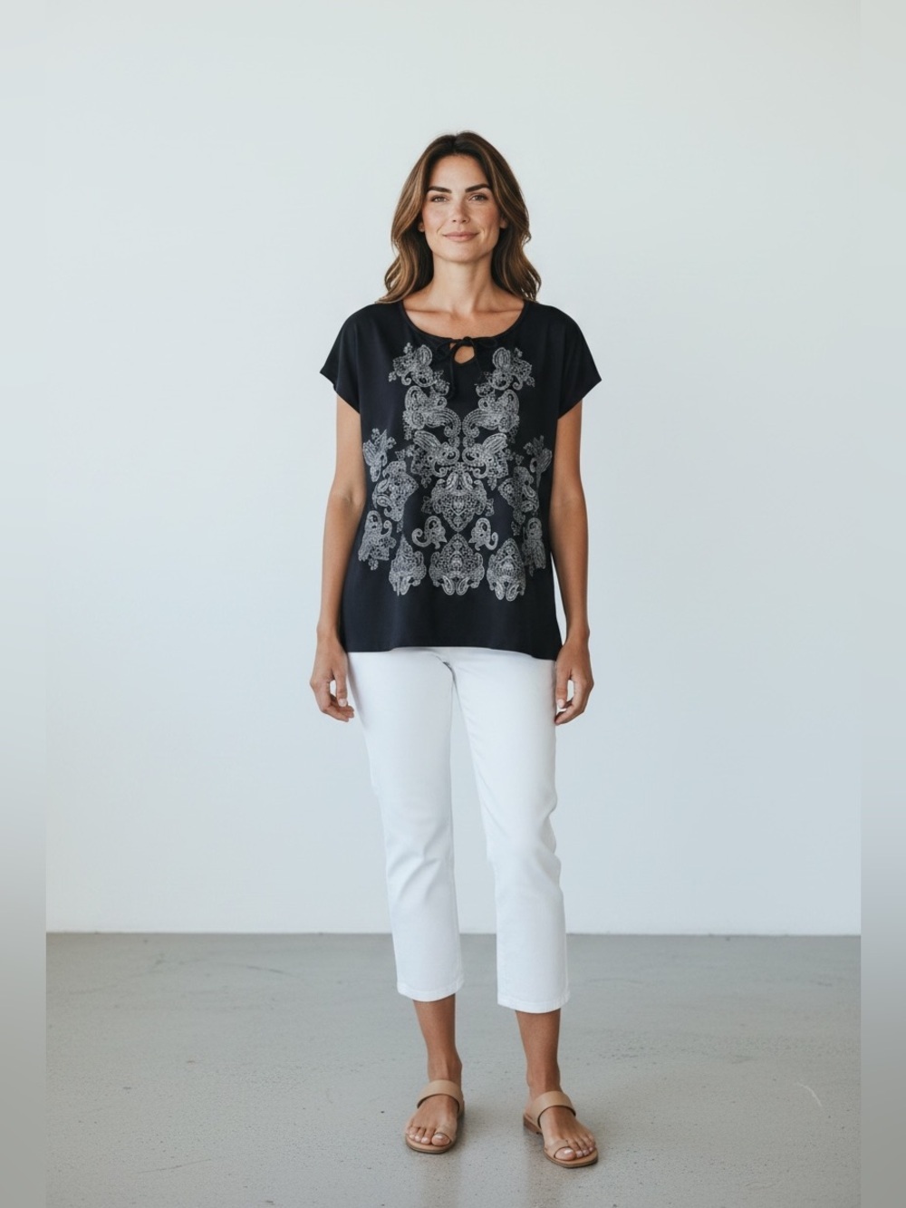 Classic Editions, Navy Paisley Top, Keyhole Tie Soft Stretch, Large